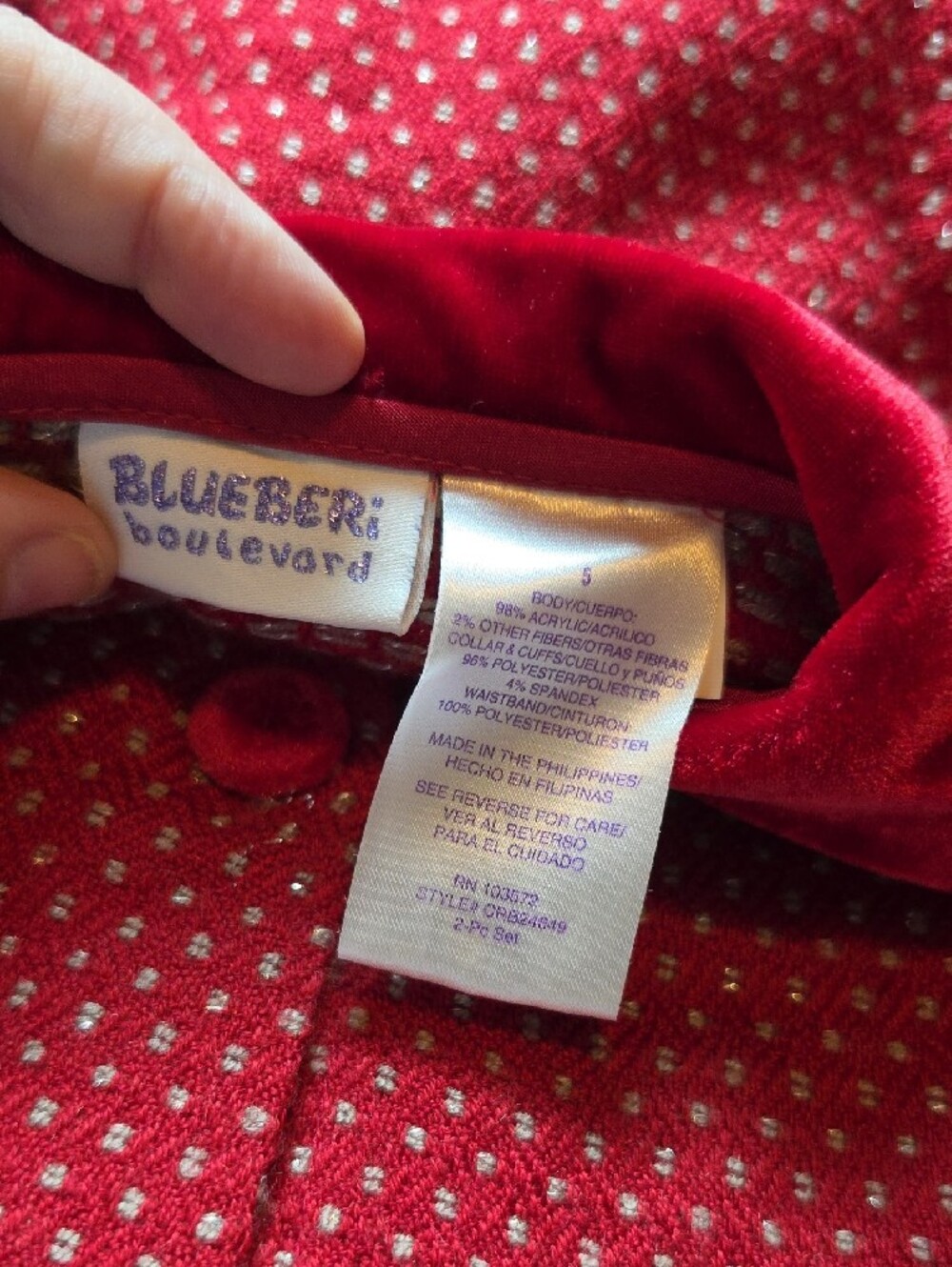 BLUEBERI BOULEVARD | Holiday Red Sweater Knit Velvet Bow Dress Dots Girls | 5 - Picture 3 of 10